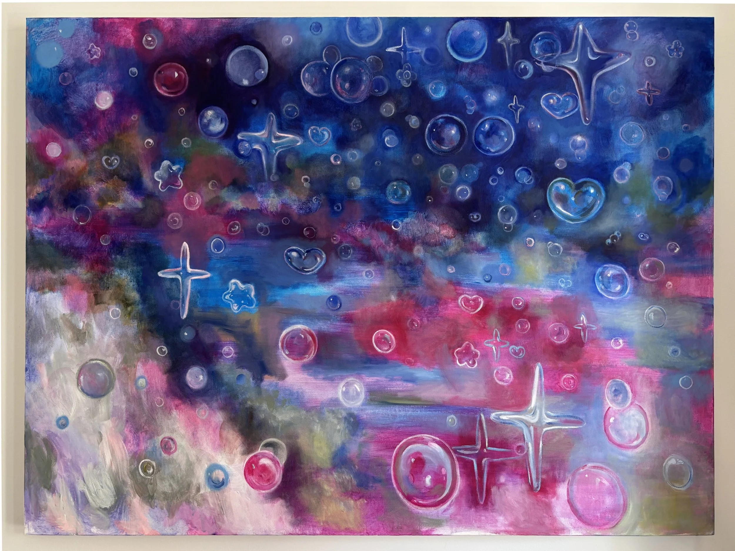 Abstract painting with a galaxy theme featuring various bubbles, stars, hearts, and crosses in shades of blue, pink, purple, and green.
