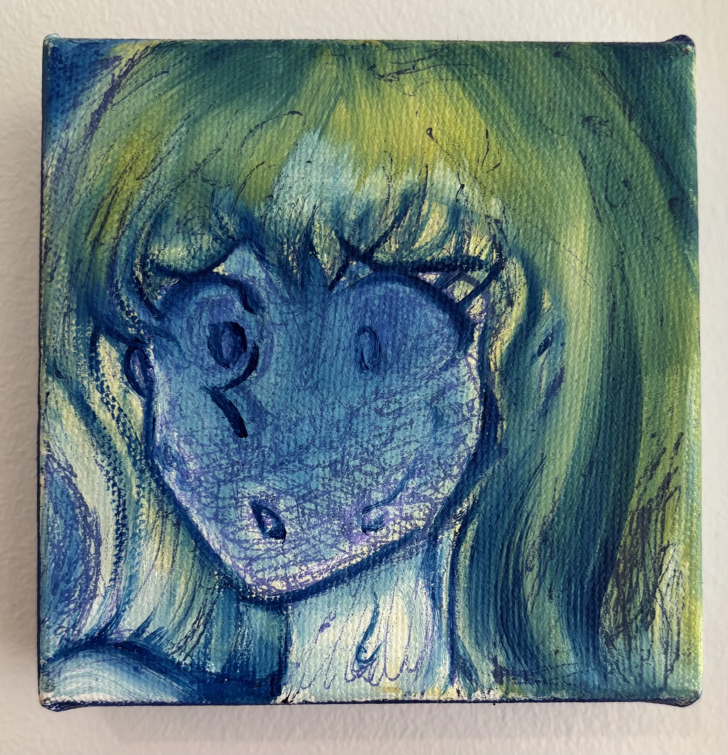 A small canvas painting featuring an abstract design with curved lines, textured in blue, green, and yellow hues.