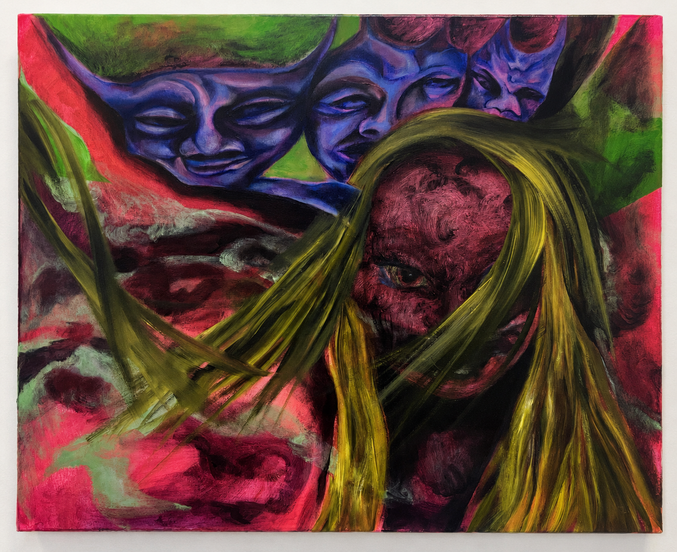 An abstract painting featuring multiple faces with expressive features. The faces are painted in shades of blue, purple, and red, with swirling yellow-green lines resembling hair or movement across the composition. The background contains vibrant colors and dynamic brushstrokes, creating a vivid and emotional scene.