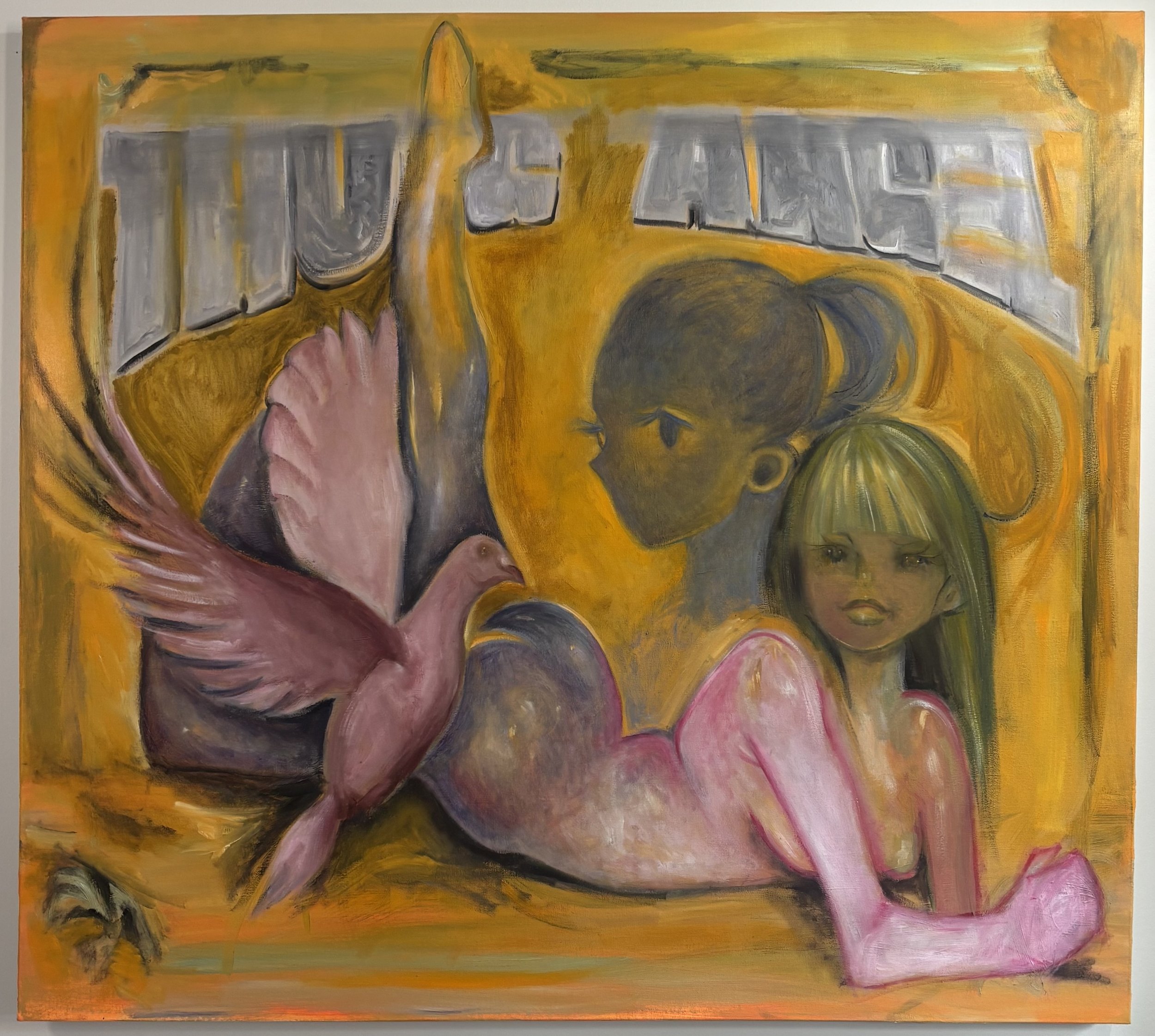 An abstract painting with yellow, pink, gray, black, and green colors depicting a stylized child’s face, a pink figure, and various other shapes and textures.