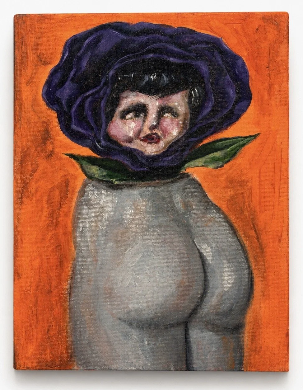 Painting of a naked woman with a purple flower which has a human face at its center, set against an orange background.