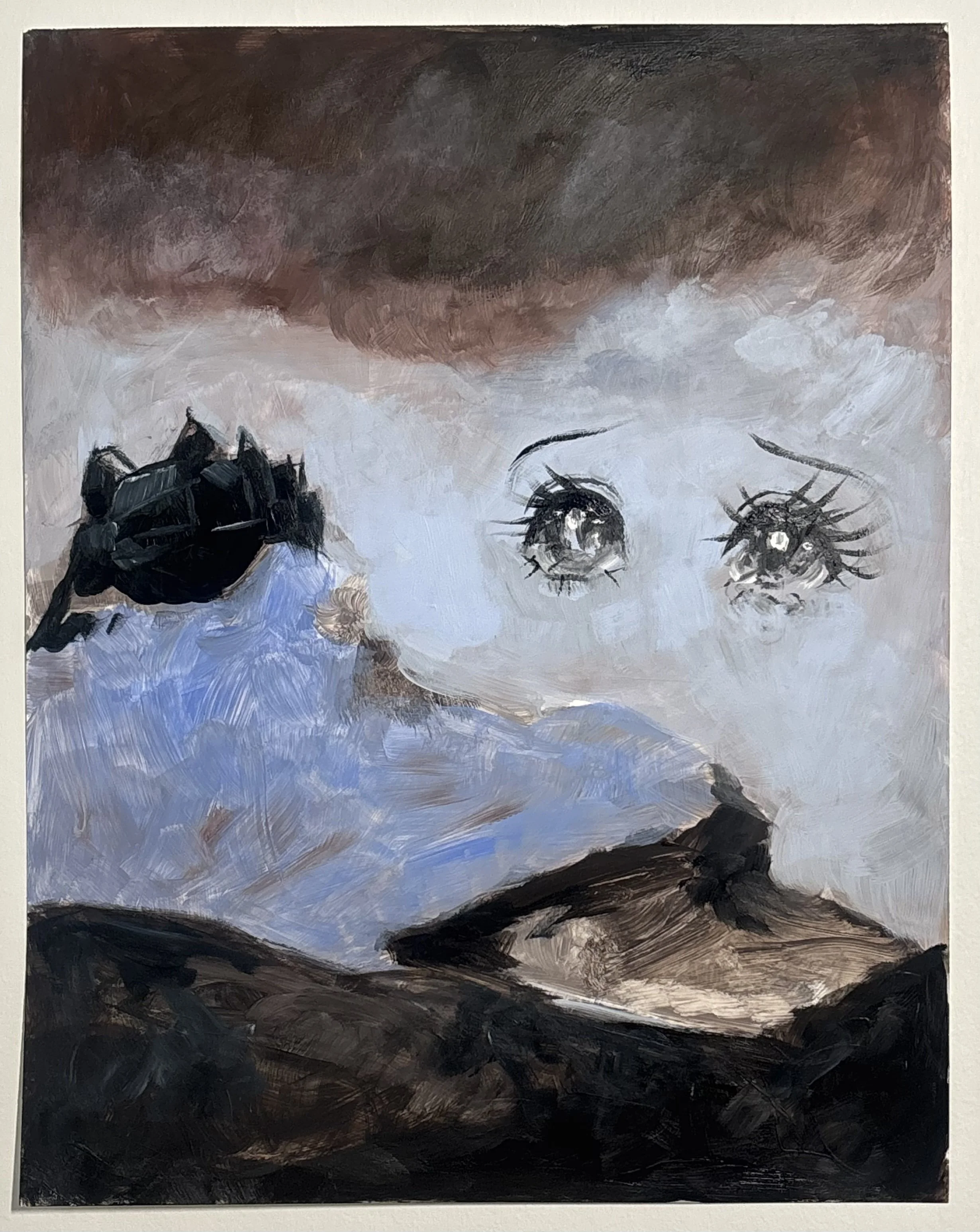 Abstract painting with dark and muted colors, featuring a large black fly near the bottom left and two detailed human eyes in the middle right, with a cloudy textured background.