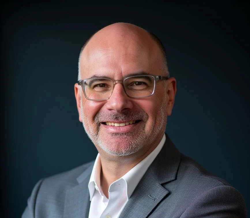 Headshot of a smiling middle-aged man with glasses, a beard, wearing a gray suit and white shirt.