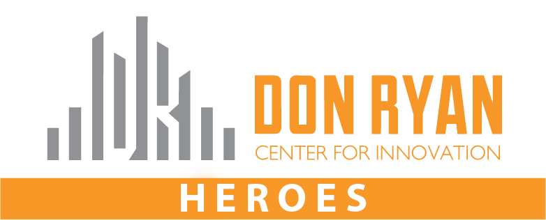 Logo for Don Ryan Center for Innovation with the word 'Heroes' in bold white letters on an orange background.