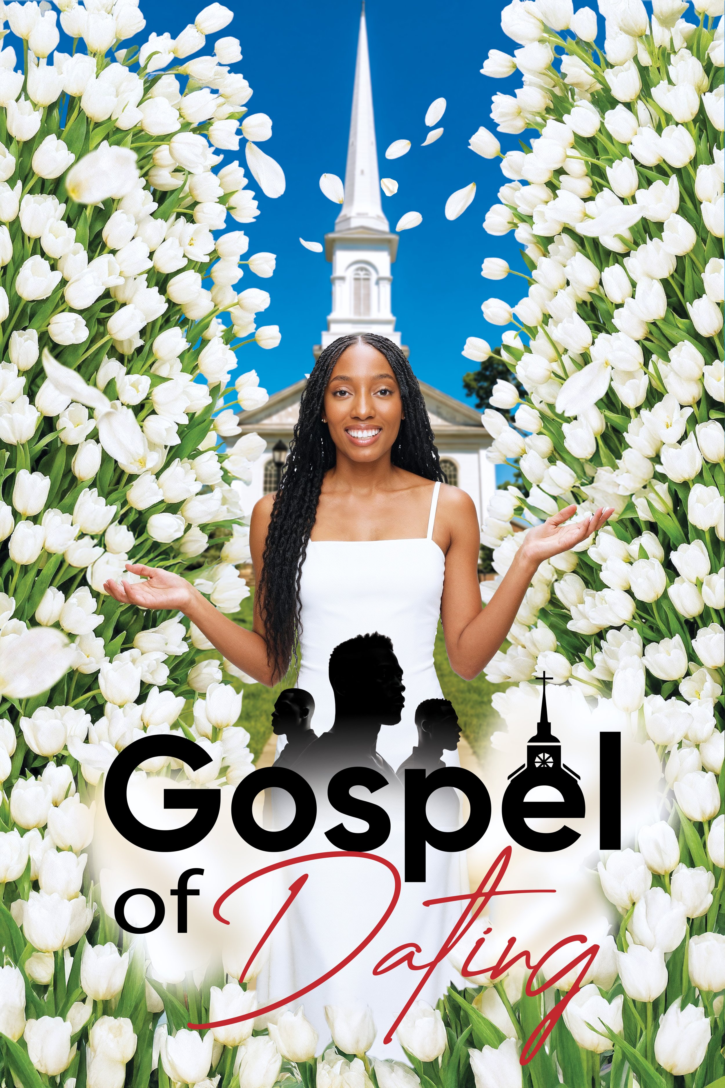 A woman in a white dress smiling with her arms open, standing in front of a church and surrounded by white tulips, with a wedding or religious event theme. The background includes a church steeple, blue sky, and silhouettes of people and buildings.