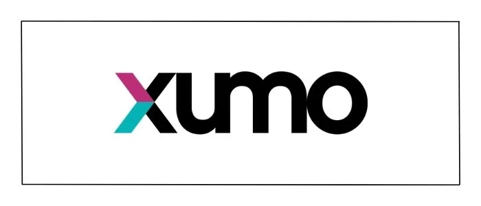 Xumo logo with stylized 'X' in pink and teal, and black text on white background.