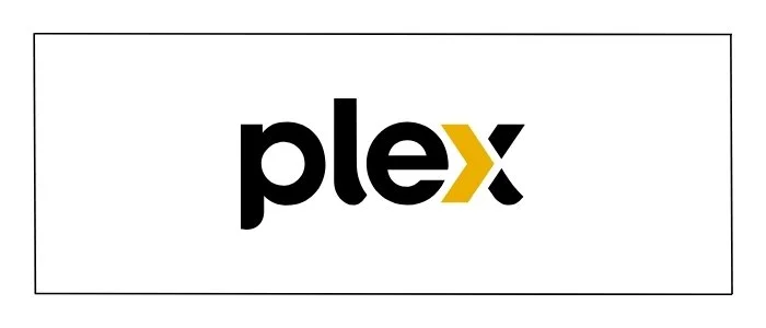Plex logo with black text and a yellow and black arrow symbol.
