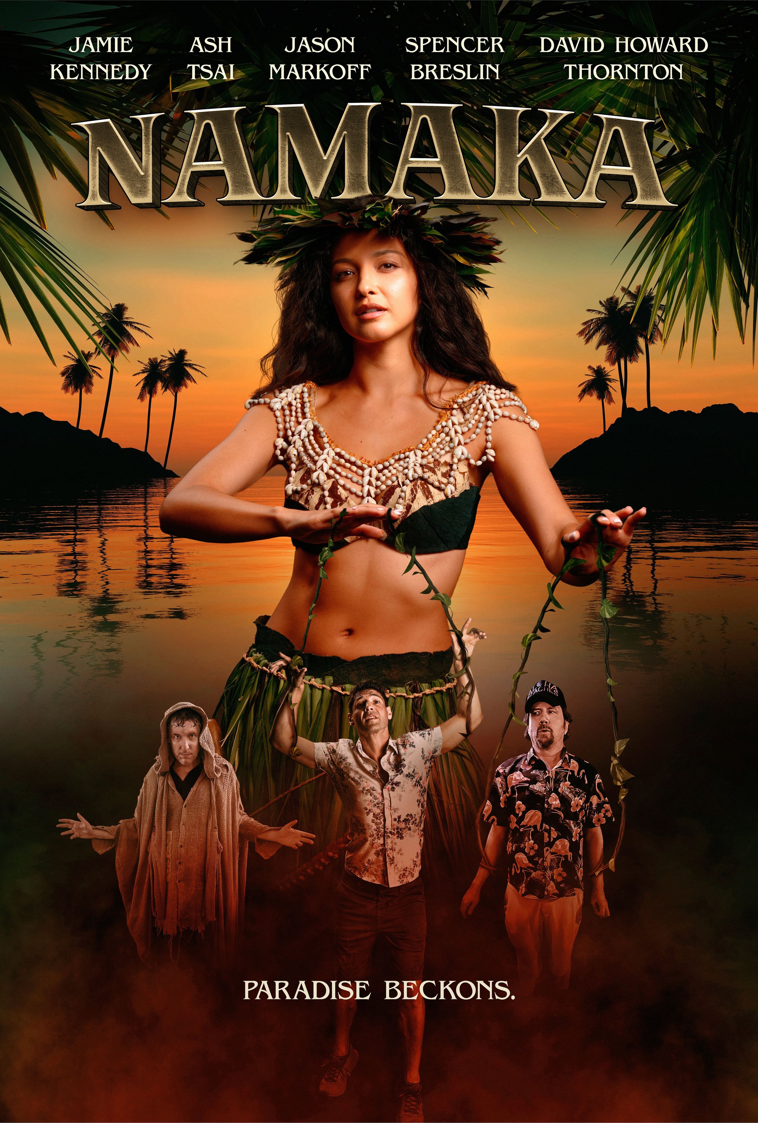 A promotional poster for the TV series 'Paradise Beckons' featuring five actors dressed in tropical-themed costumes against a sunset background with palm trees and water. The title 'Namaka' is prominently displayed at the top, with cast names above. The tagline at the bottom reads 'Paradise Beckons.'.