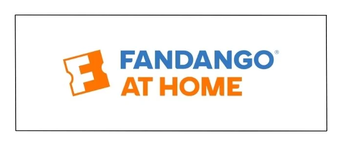 Fandango at Home logo with a stylized ticket icon and text in blue and orange.