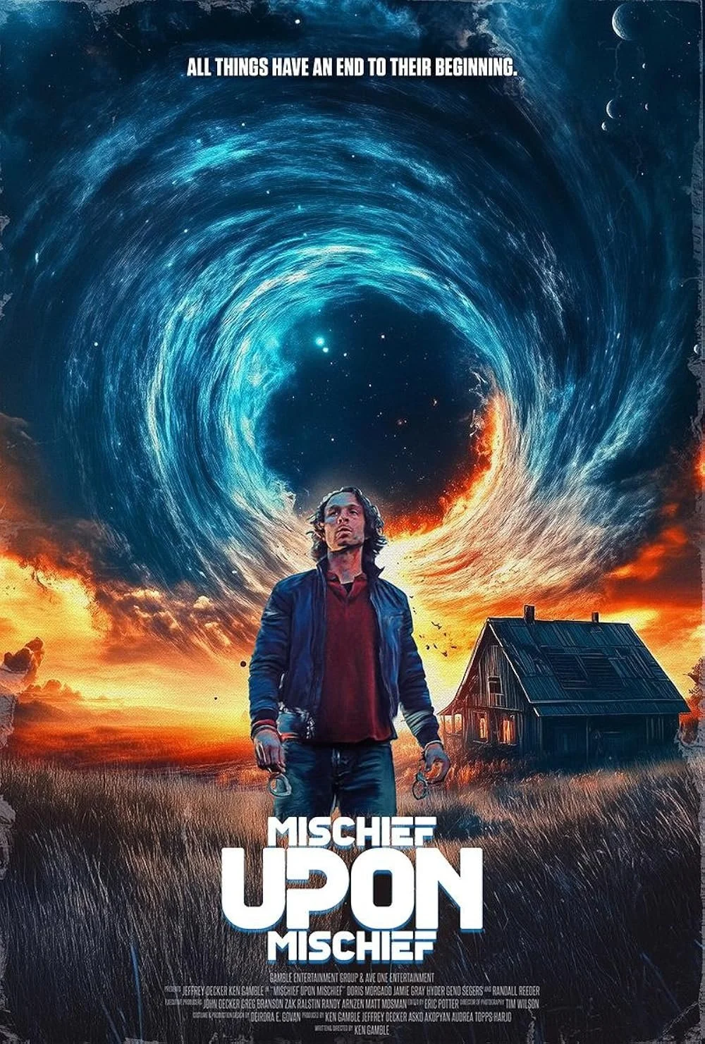 A poster for the movie "Mischief Upon Mischief" featuring a young man standing in a field with a dramatic sky and a swirling vortex of cosmic energy above him, with an old house in the background.