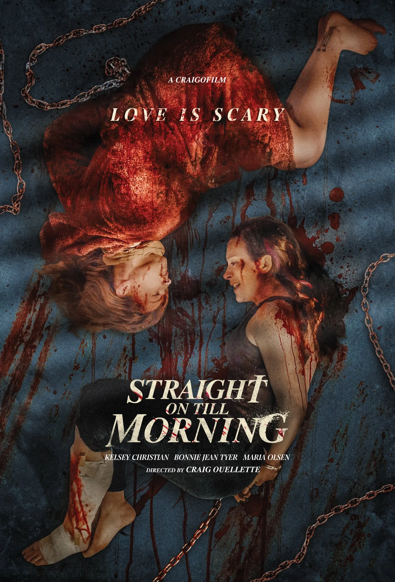 A dark image with blood splatters and chains, featuring two women lying on the ground facing each other with expressions of distress. The title reads "Love is Scary" and the tagline is "Straight on till Mornin" with the credits listed below.