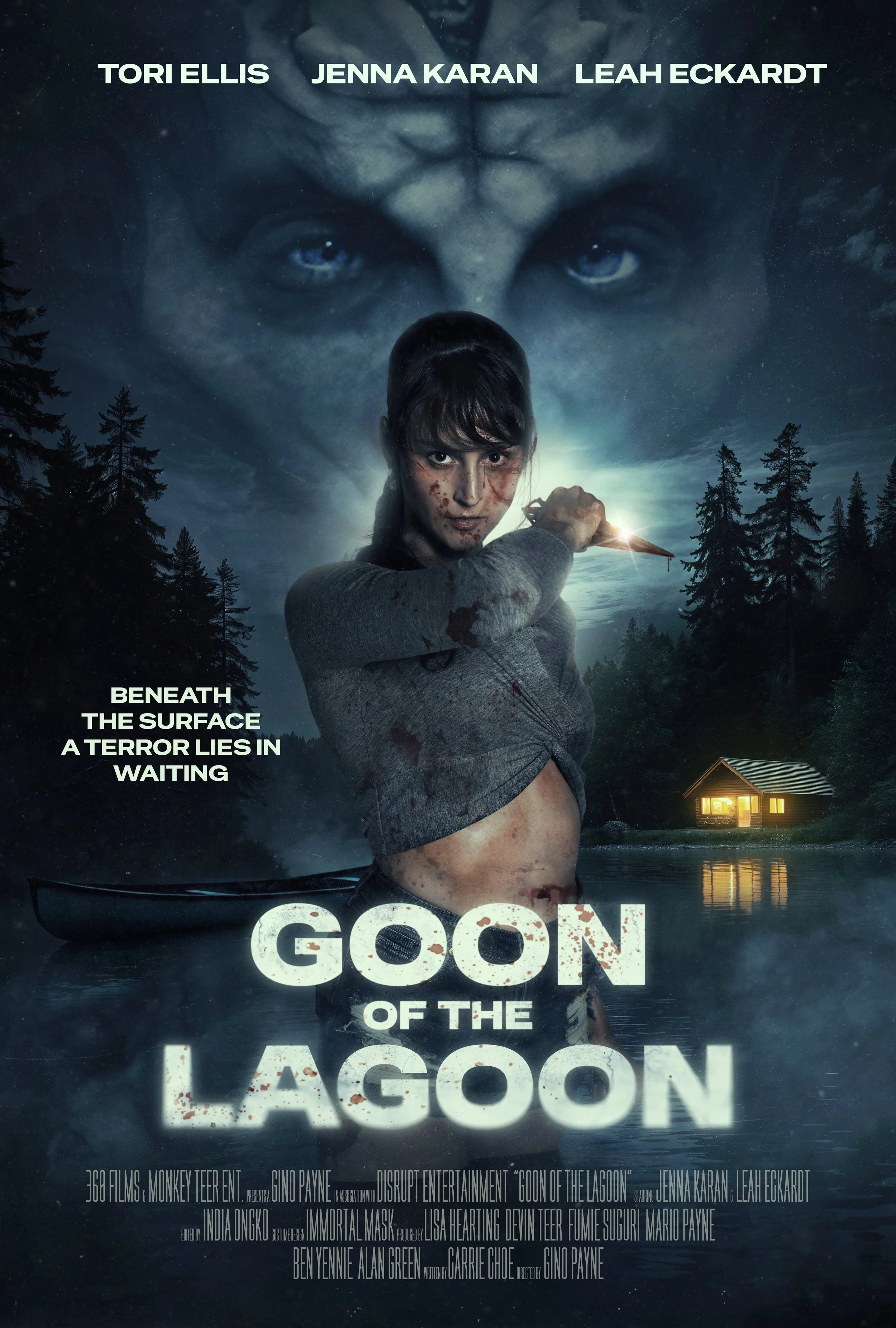 Movie poster for 'Goon of the Lagoon' featuring a woman with blood stains holding a machete, standing in front of a dark forest near a lake with a small house and illuminated windows, large suspicious eyes staring from the night sky above.