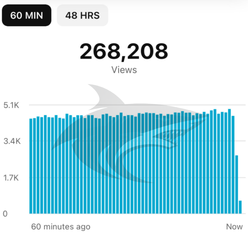 Chart showing 268,208 views over 48 hours with a bar graph and time markers at 60 minutes ago and now.