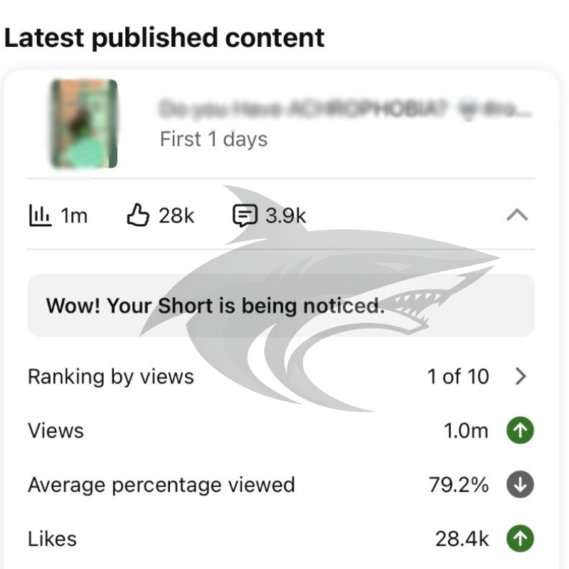 Screenshot of a social media content analytics dashboard showing latest posted content, with statistics such as views, likes, and comments, indicating high engagement.