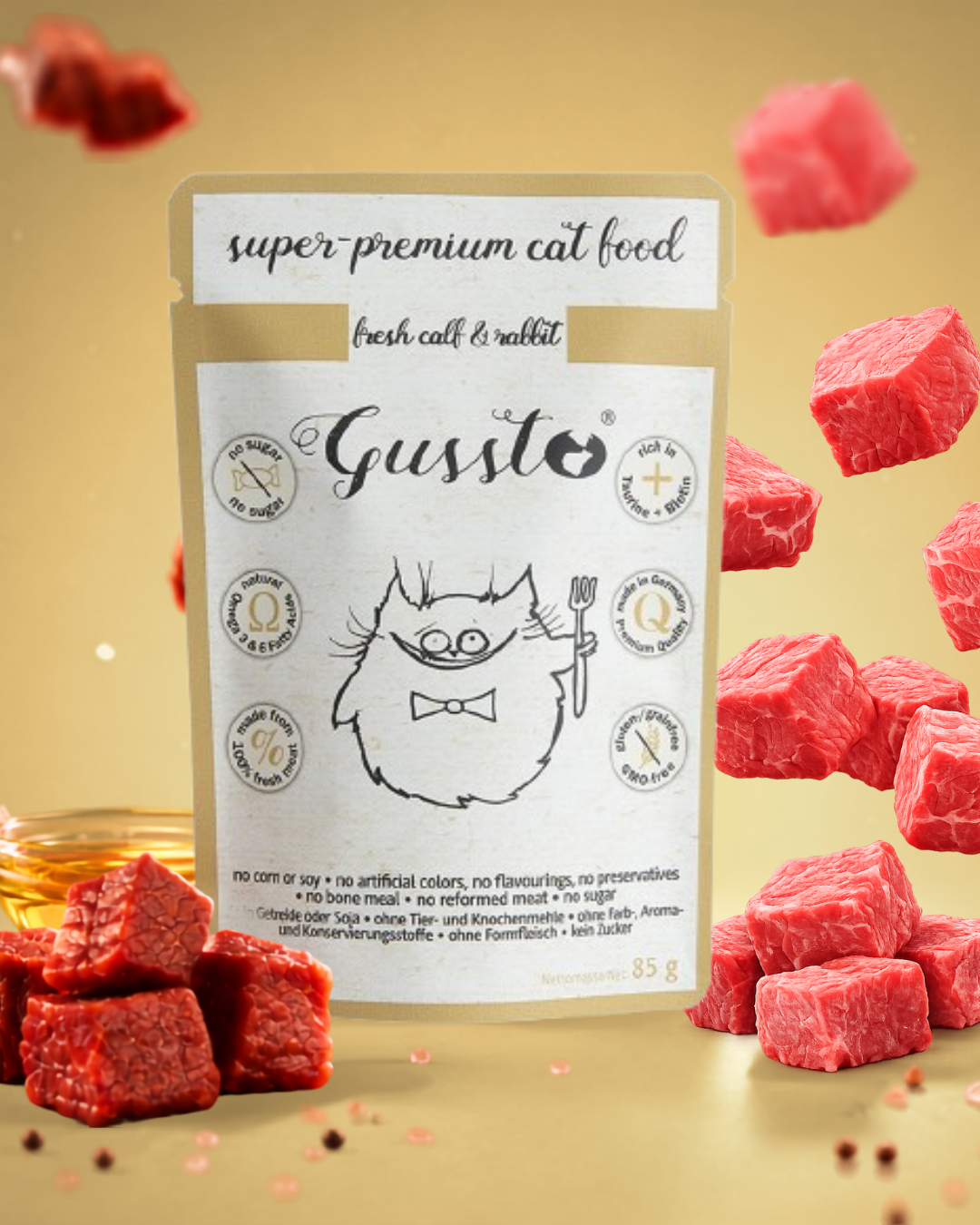 Package of super-premium cat food labeled 'Gussto' with illustration of a cat holding a fork, surrounded by floating pieces of raw meat and spilled pepper grains.