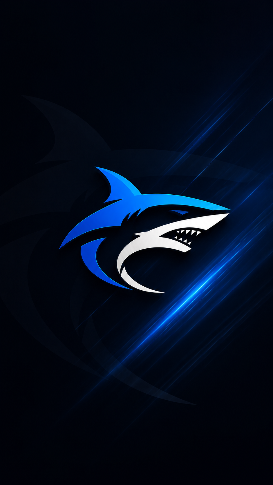 Stylized shark logo in blue and white on a dark background with blue light streaks.