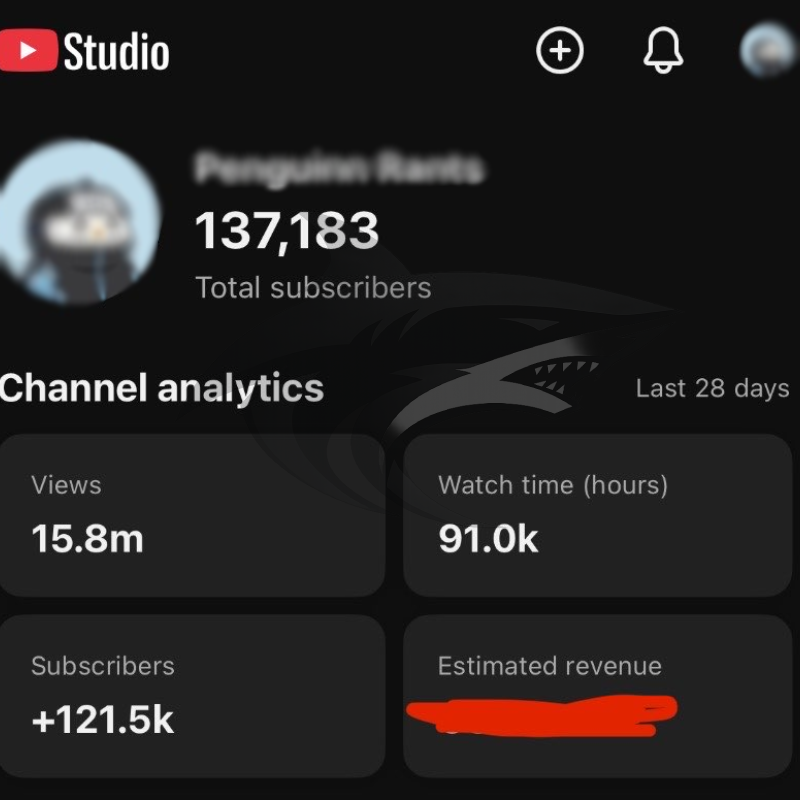 YouTube Studio analytics screen showing Penguinator's channel statistics: 137,183 total subscribers, 15.8 million views, 91,000 watch hours in last 28 days, and an estimated revenue section.