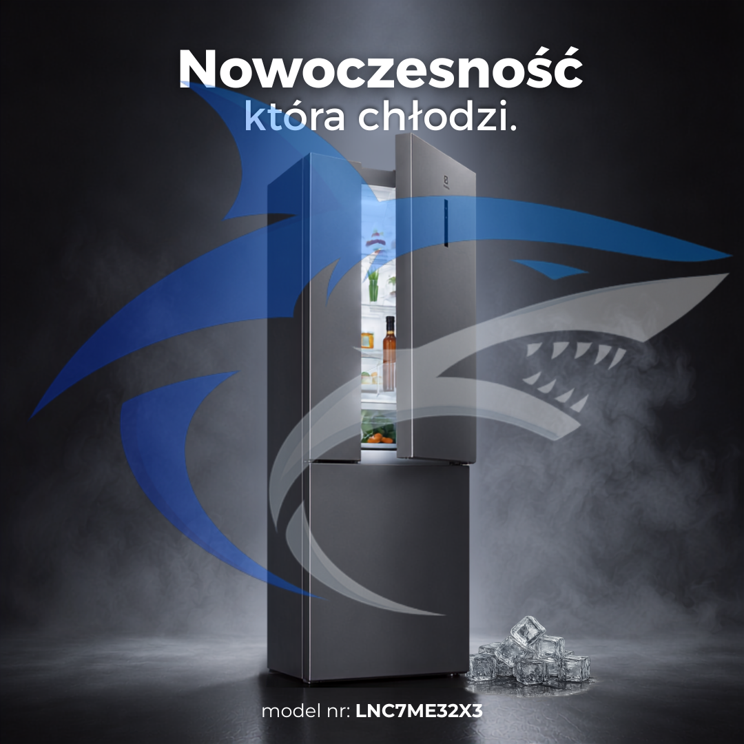 A modern refrigerator with its door slightly open, revealing a well-stocked interior, set against a dark background with a large blue shark logo and the Polish text 'Nowoczesność która chłodzi.' The model number LNC7ME32X3 is displayed at the bottom.
