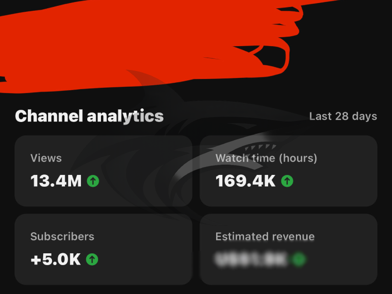 YouTube channel analytics dashboard showing 13.4 million views, 169,400 watch hours, 5,000 new subscribers, and estimated revenue, over the last 28 days, with a red and black background.