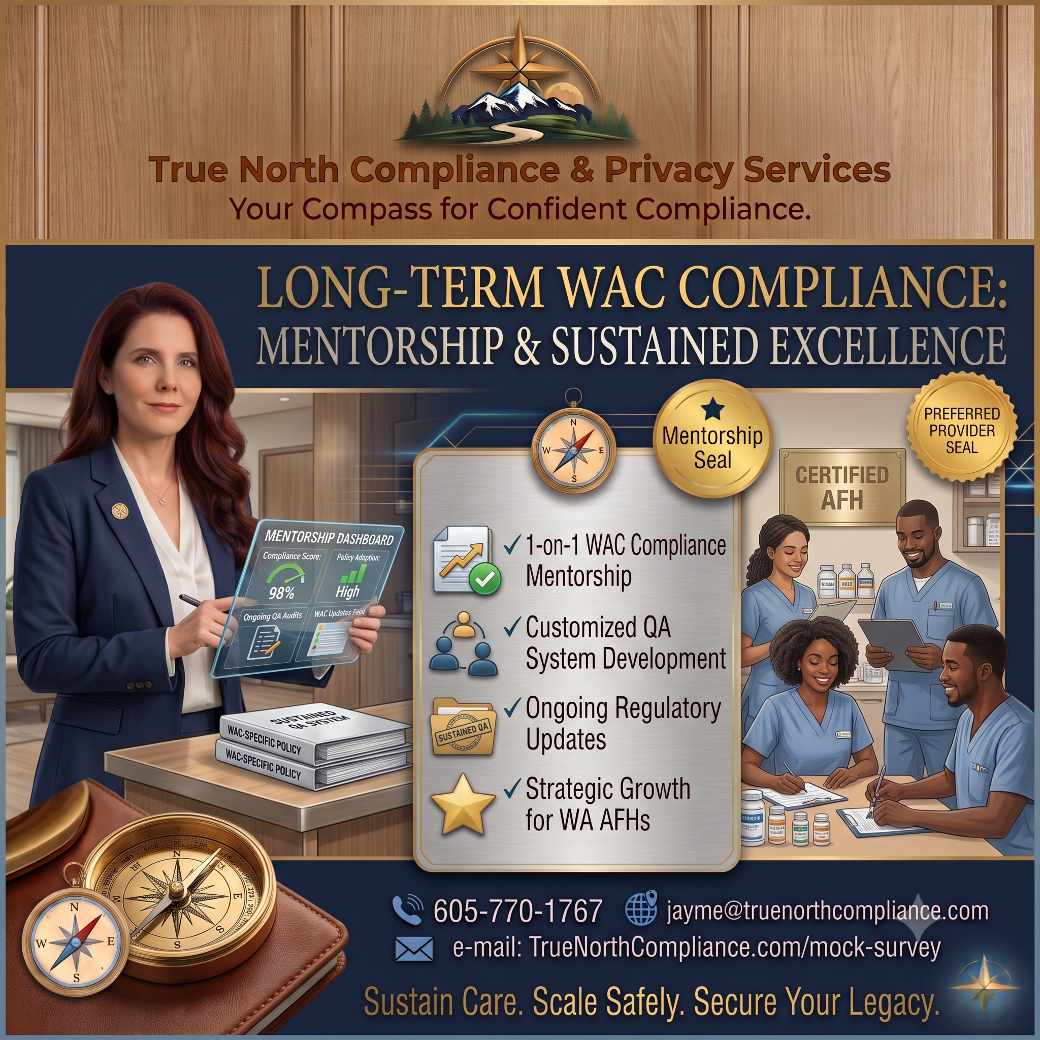 A woman in a suit holding a transparent tablet displaying compliance scores and mentorship adoption in an office setting, with a background featuring a wooden wall, a mountain and forest logo, and several medical professionals in scrubs engaging with documents and medication bottles.