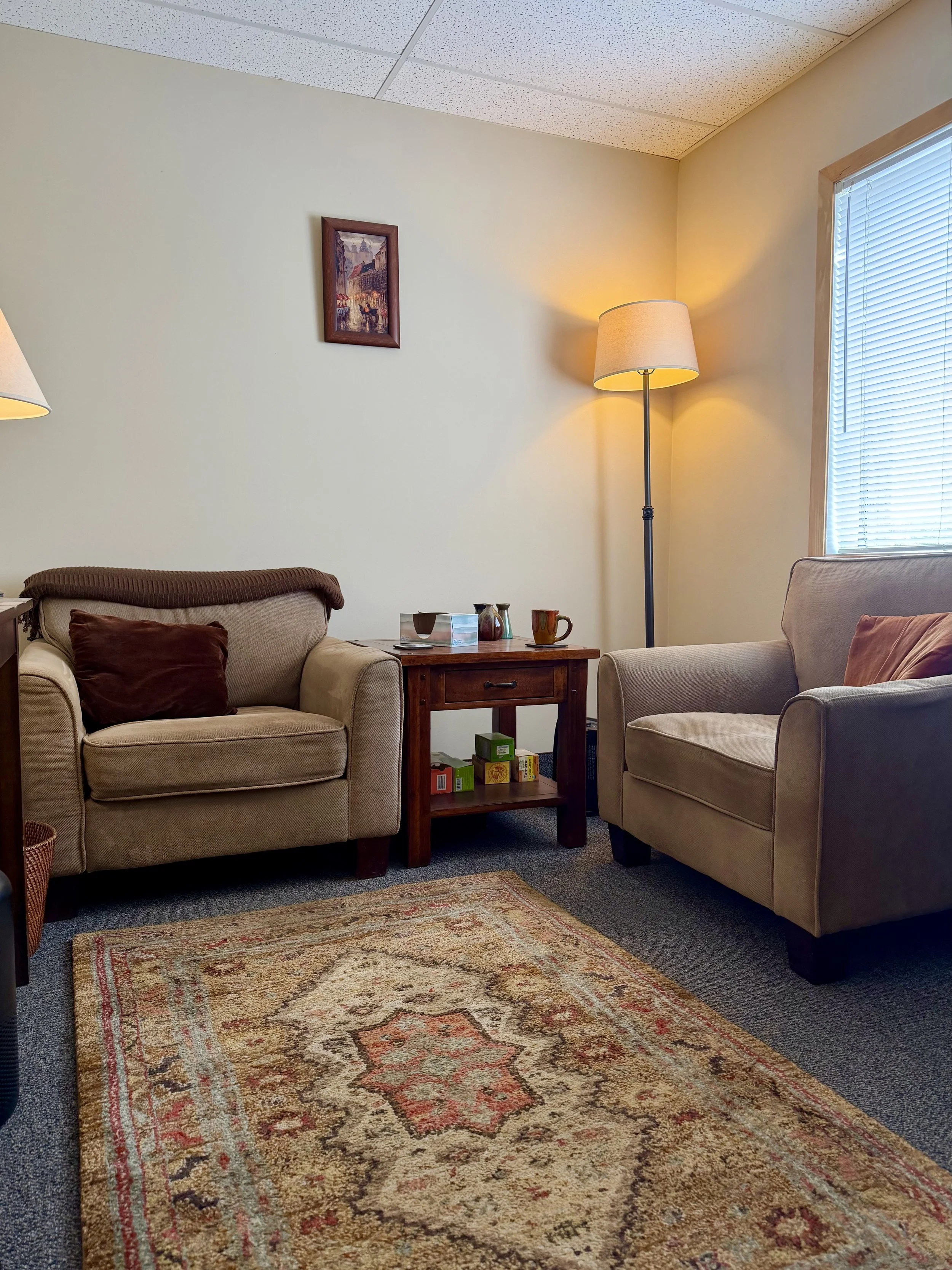 Living room with two beige sofas, a wooden side table, a rug with a floral pattern, a standing lamp, a framed picture on the wall, a window with blinds, and some cups and boxes on the table.