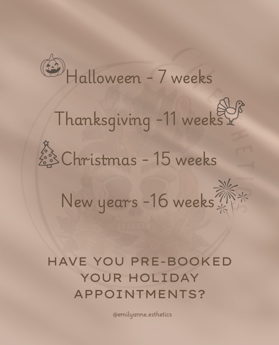 It&rsquo;s that time of the year again! BUSY SEASON! 

In September I always suggest our clients to prebook all of their appointments through the end of the year. To make sure you get in for your preferred day and time! Especially around the holidays