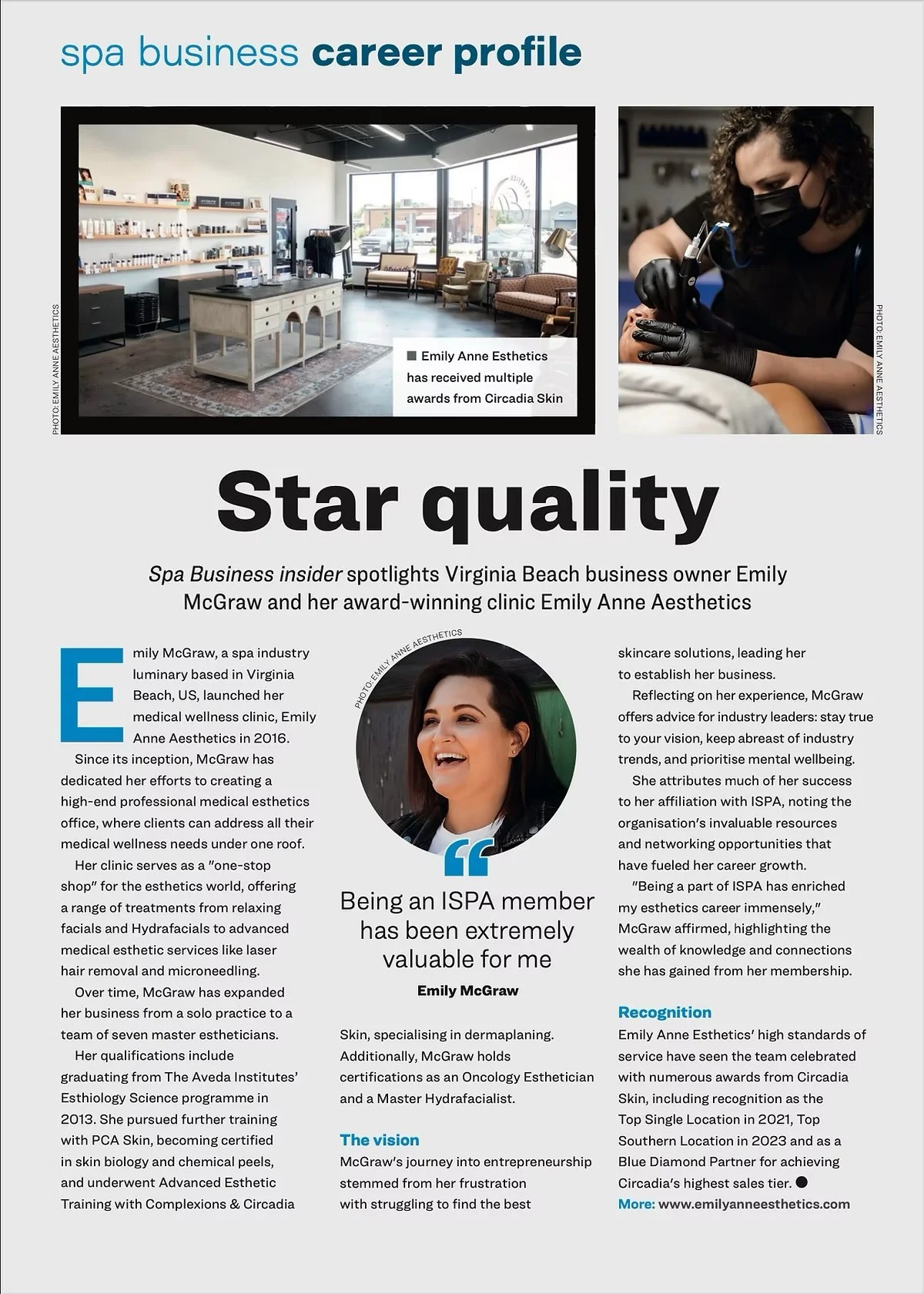 Spa business career profile featuring Emily Anne Esthetics, a recognized wellness clinic in Virginia Beach, highlighting owner Emily McGraw, her achievements, and her journey in the medical aesthetics industry.