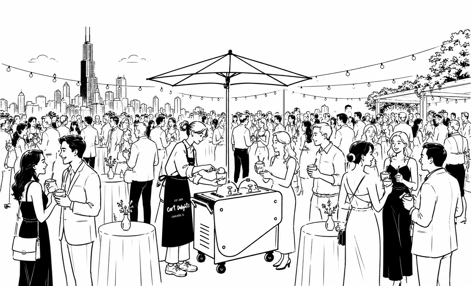 Black and white illustration of a rooftop party with people mingling, drinking, and talking under string lights, with a city skyline in the background.