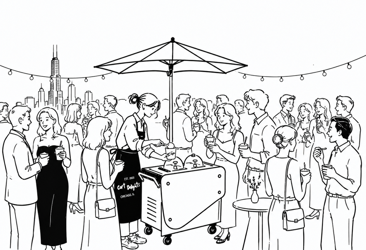 Line of people at an outdoor event, order being served from a cart, with a city skyline in the background.