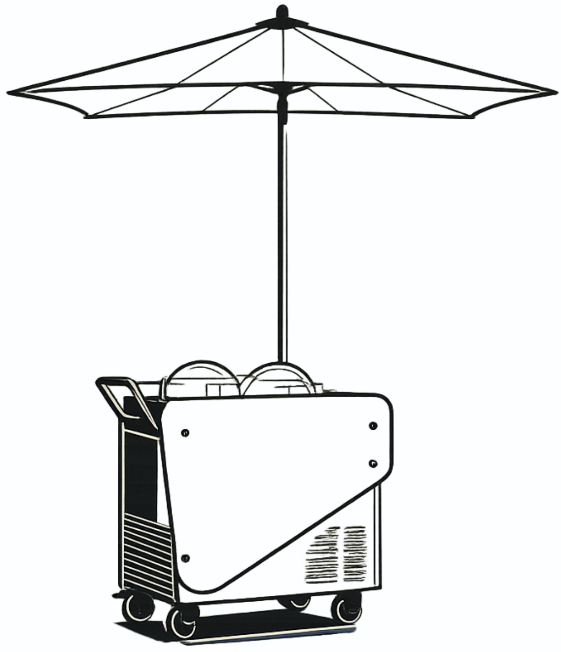 A mobile food cart with a large umbrella on top for shade, wheels for mobility, and compartments for keeping food warm or cold.