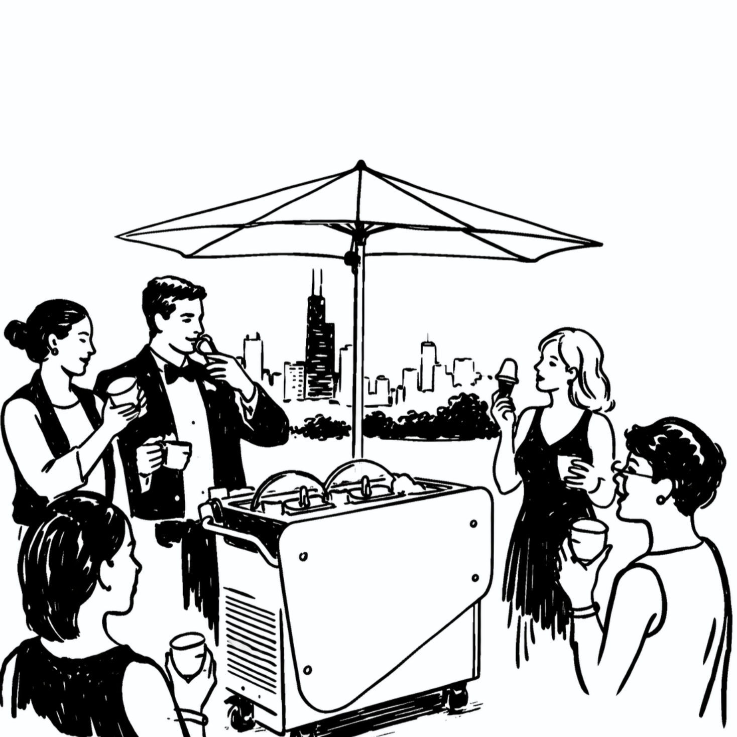 A black and white drawing of a group of people enjoying ice cream at an outdoor event with a city skyline in the background, under a large umbrella.