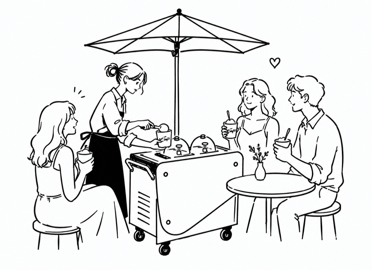 A black and white line drawing of a scene at an ice cream stand with three women and one man, two women are sitting at a small table with drinks, and one woman is serving ice cream while holding her own cone. An umbrella covers the stand.