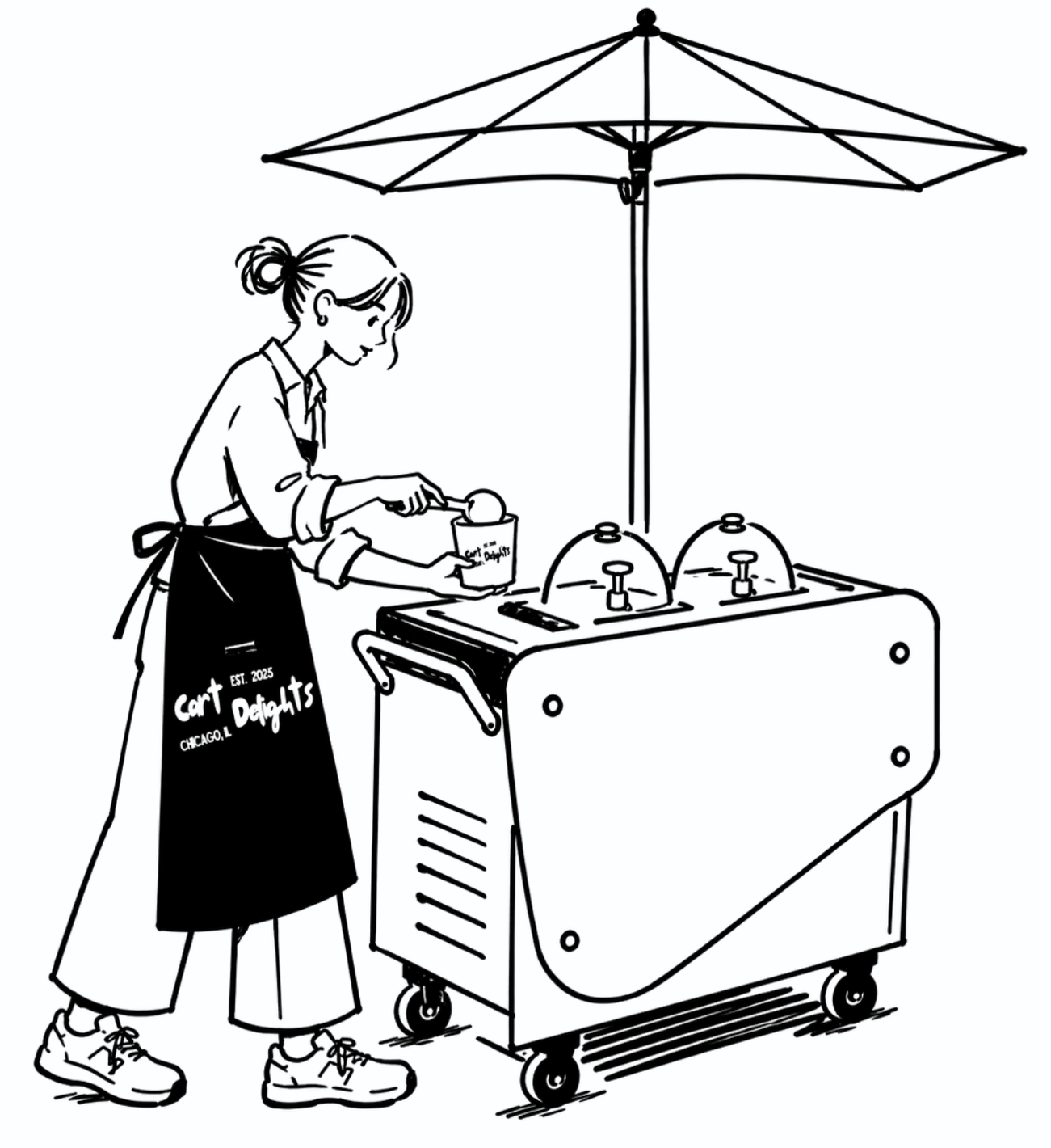 Line drawing of a woman working at a cotton candy machine under a large umbrella, wearing an apron with the logo 'Cart Delights' and the text 'Est. 2025, Chicago, IL.'
