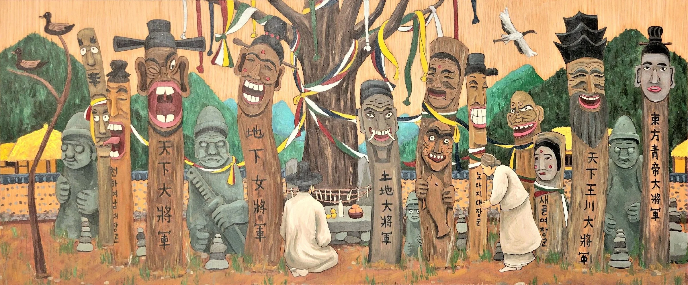 Our Elders Enshrine the Ancestors as Jangseung and Dol Hareubang (2023) / ink and oil on 29.5" x 12.5" wood panel