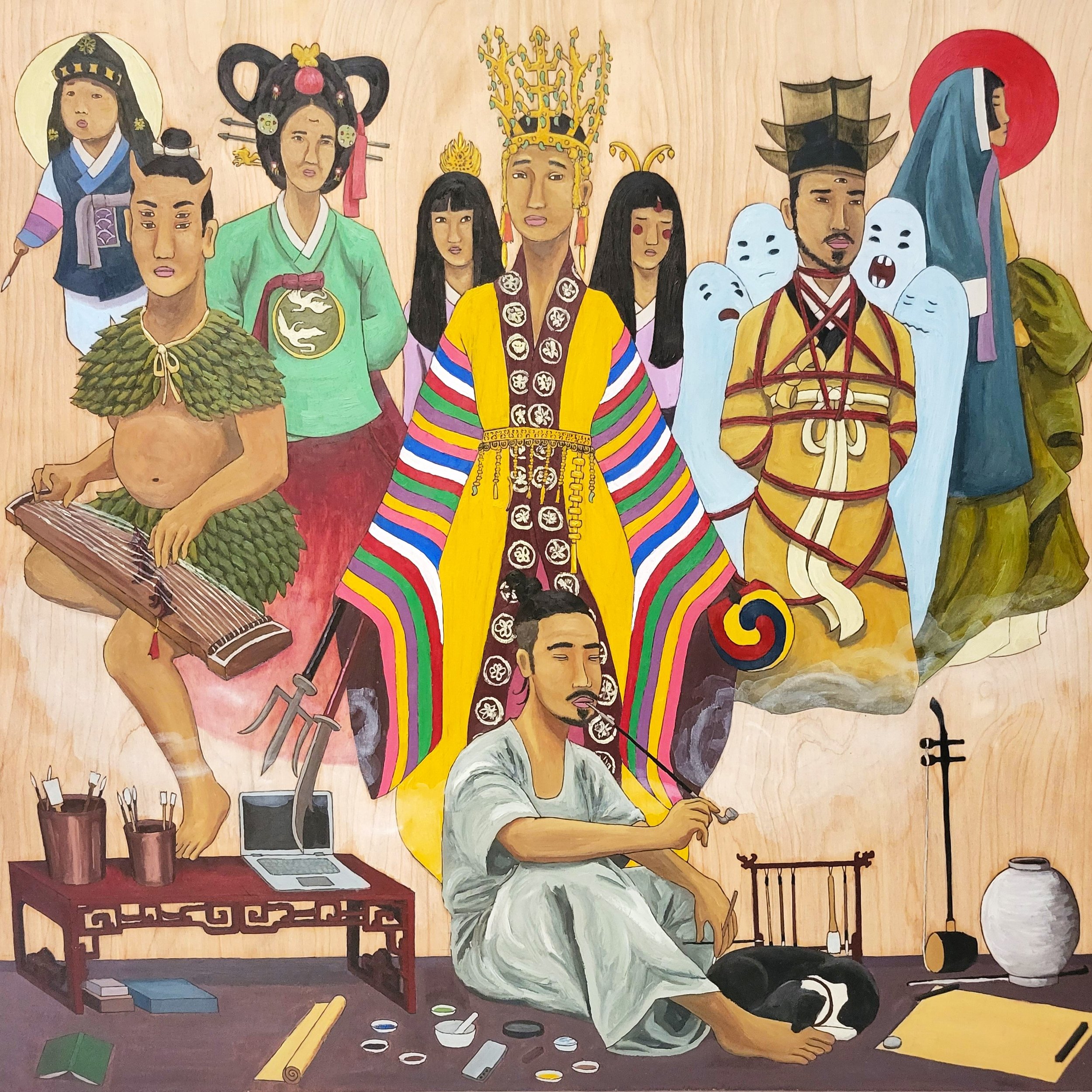 Gyopo Has a Smoke Before Painting Folk (2023) / ink and oil on 26.5" x 26" framed wood panel
