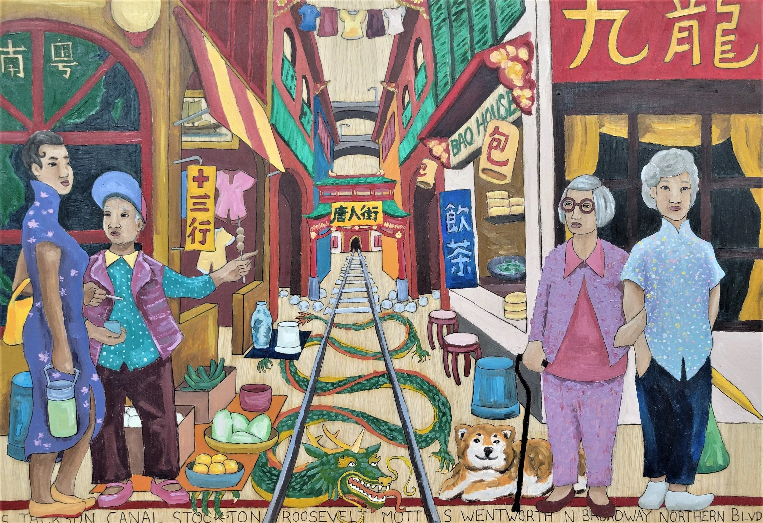 Street of the Tang People 唐人街 (2022) / ink and oil on 21" x 15" framed wood panel