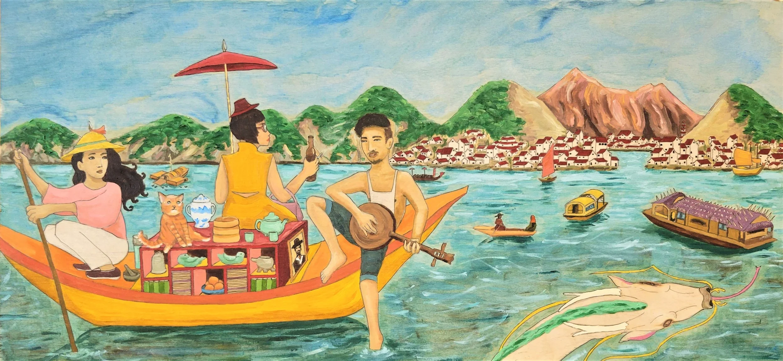 Mrs. Cho’s Chaekgeori (2022) / ink and oil on 25" x 12" framed wood panel