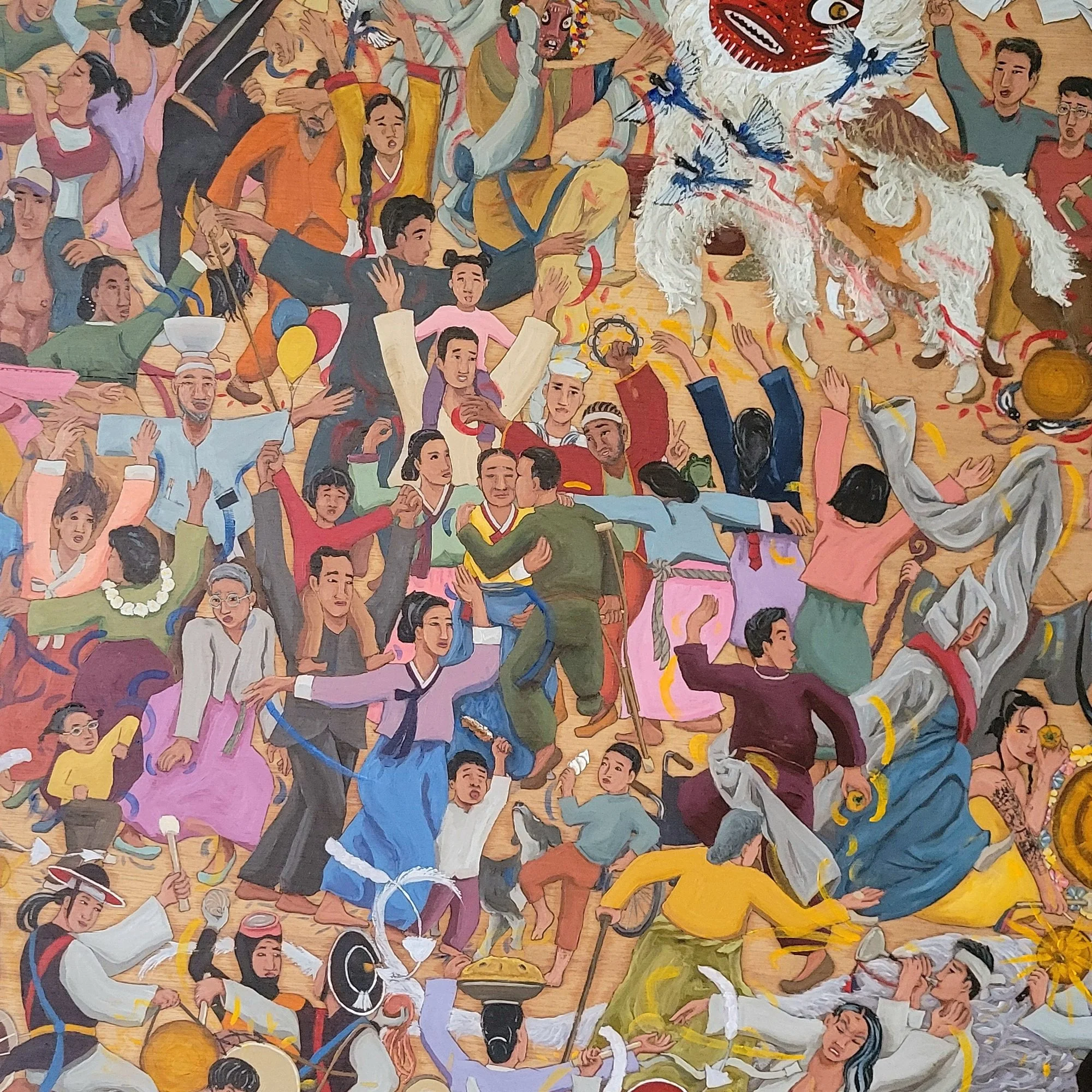 Wheel of Joy 피보나치 삼태극 / Fibonacci Samtaegeuk (detail, 2025 / ink and oil on 40" diameter wood panel) 