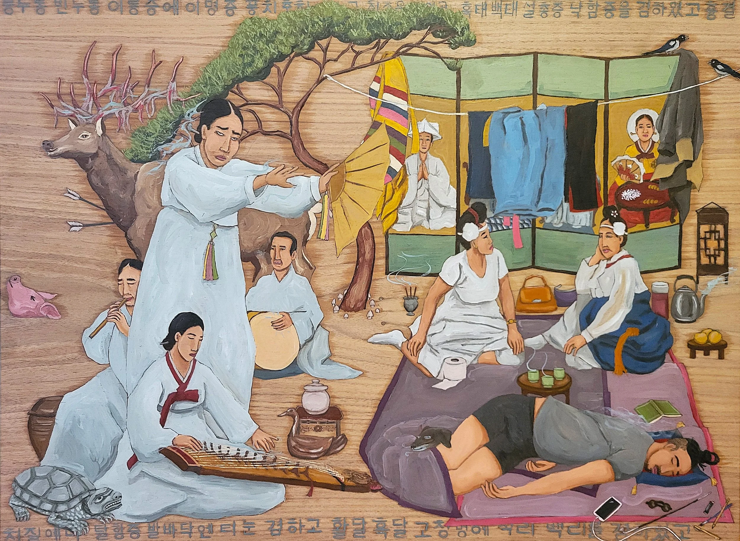 A Mudang Must Rest 무당 신병 (2025) / ink and oil on 30" x 22" wood panel
