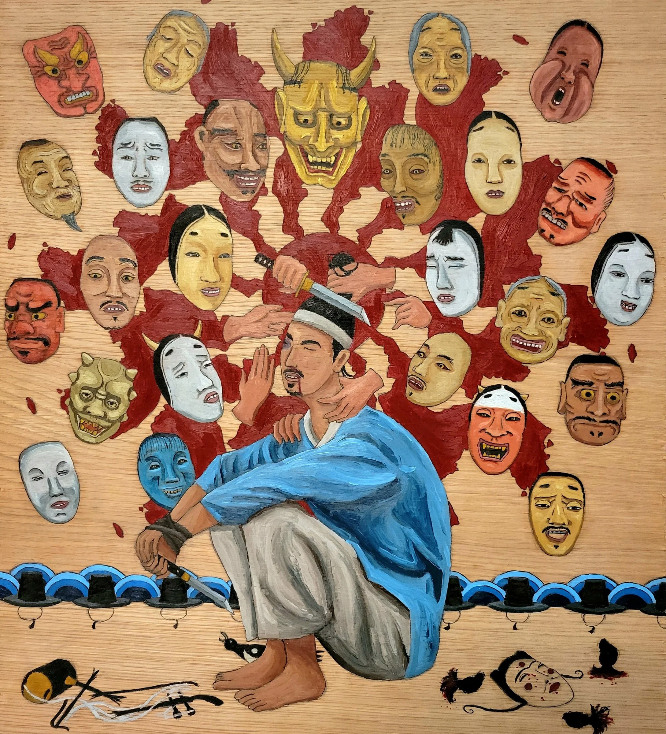 They Killed Queen Min and Hacked Off Our Hair (2023) / ink and oil on 17" x 19" wood panel
