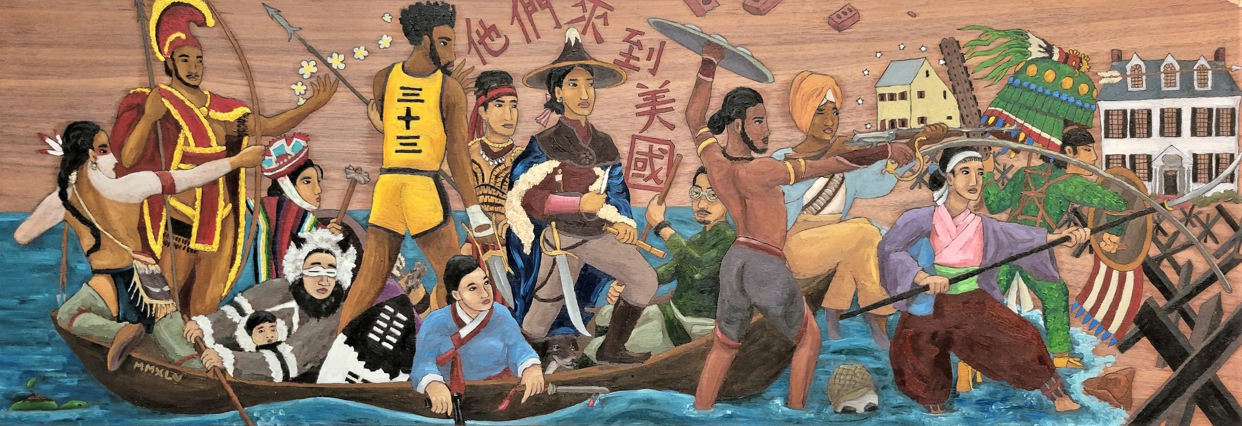 Hua Sheng Dun Crossing the Color Line (They Comin’ to ‘Murica) / 华盛顿横渡红线 (他們來到美國) (2023) / ink and oil on 32.5" x 11" framed wood panel