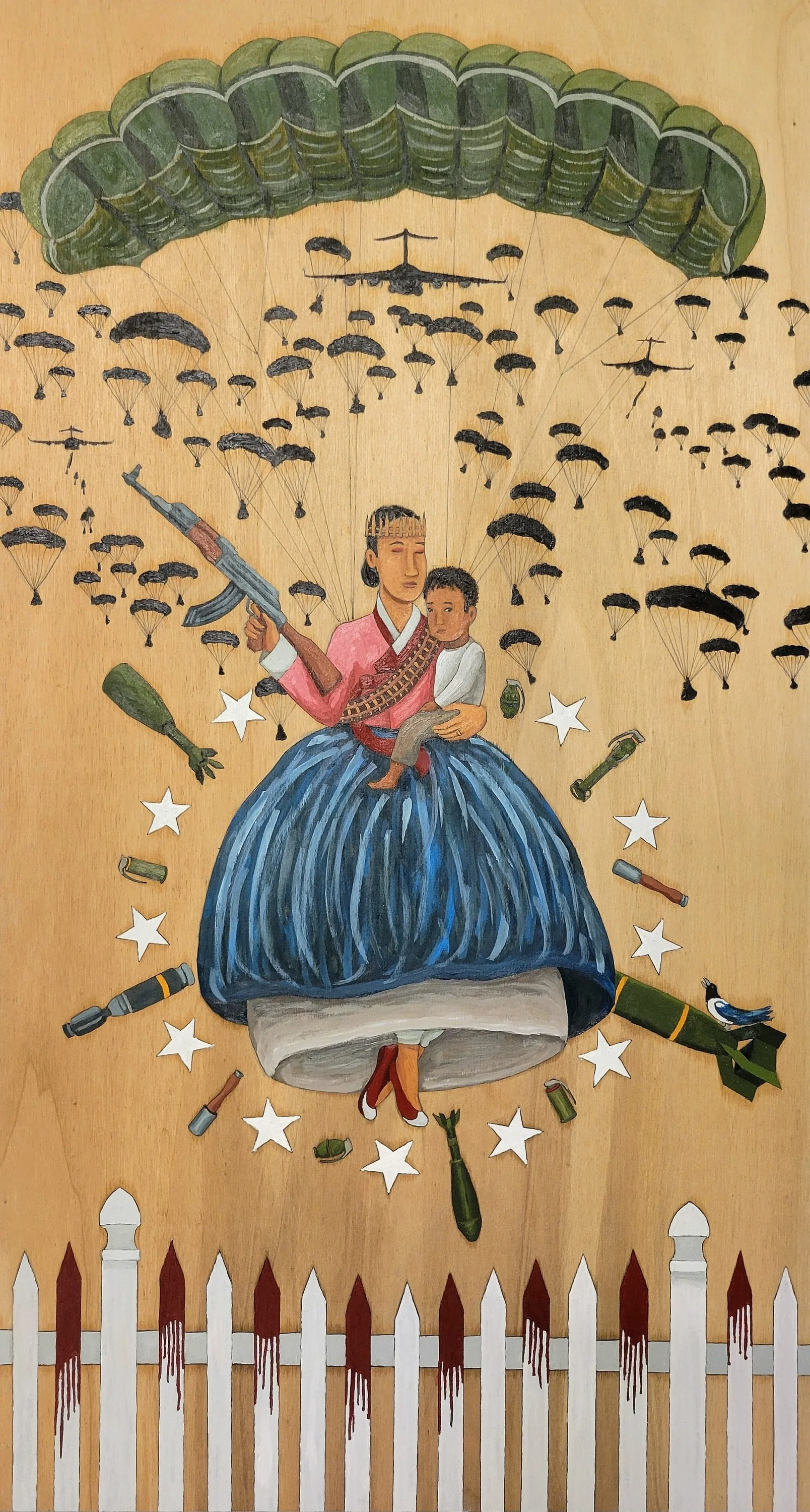 Ballad of the War Bride / 전쟁신부가 (2024) / ink and oil on 18" x 33.5" wood panel