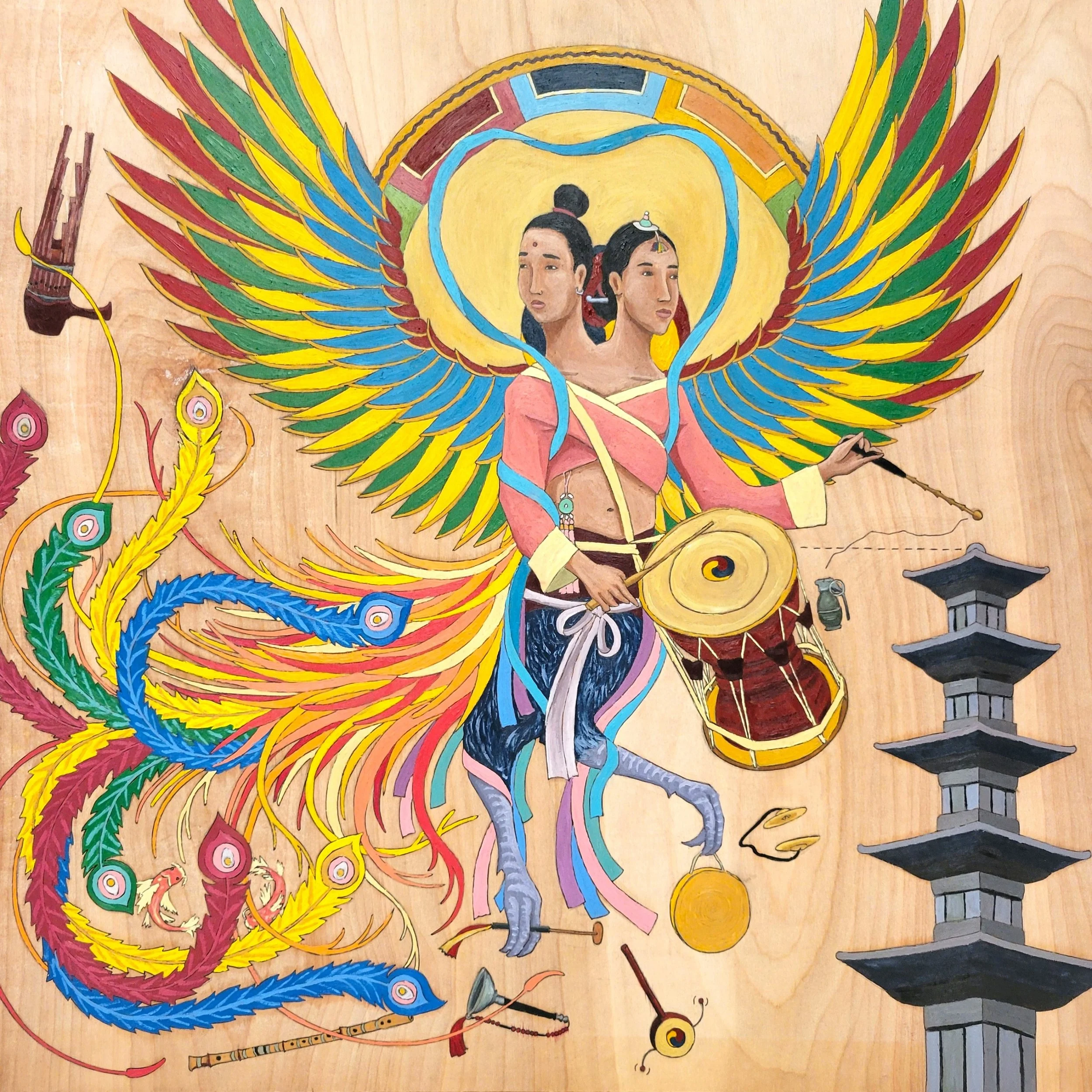 Kalaviṅka Gongmyeongjo / कलविङ्क 공명조 (2024) / ink and oil on 24" x 24" wood panel