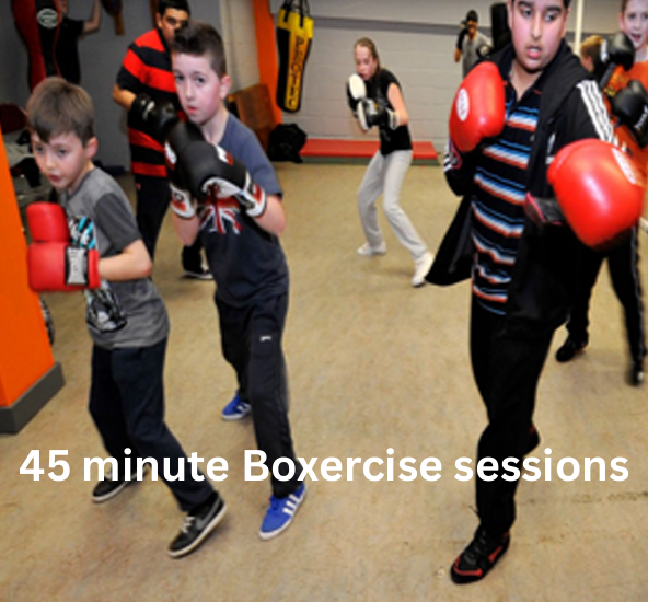 Children wearing red boxing gloves make a boxers pose for the camera