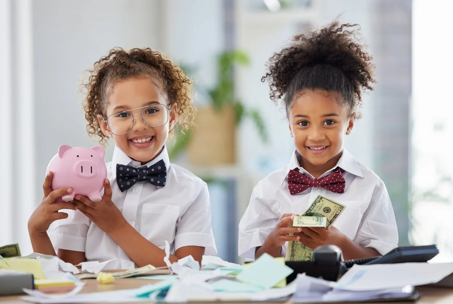 Two children sit side by side wearing bow ties and smart clothing, the child on the left is holding a piggy bank while the child on the right is counting money representing the money learning