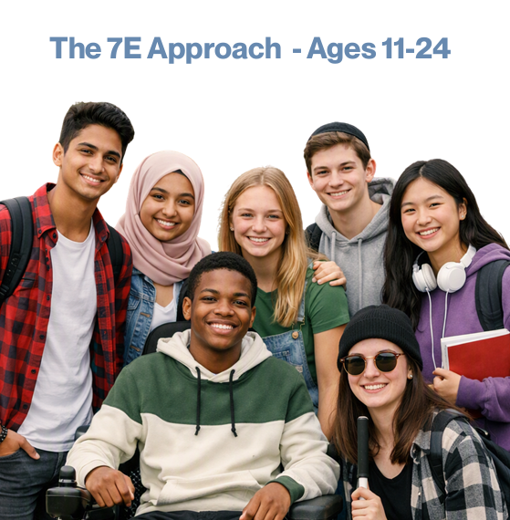 A group of young people of different races, abilities and religions stand huddled together smiling at the camera
