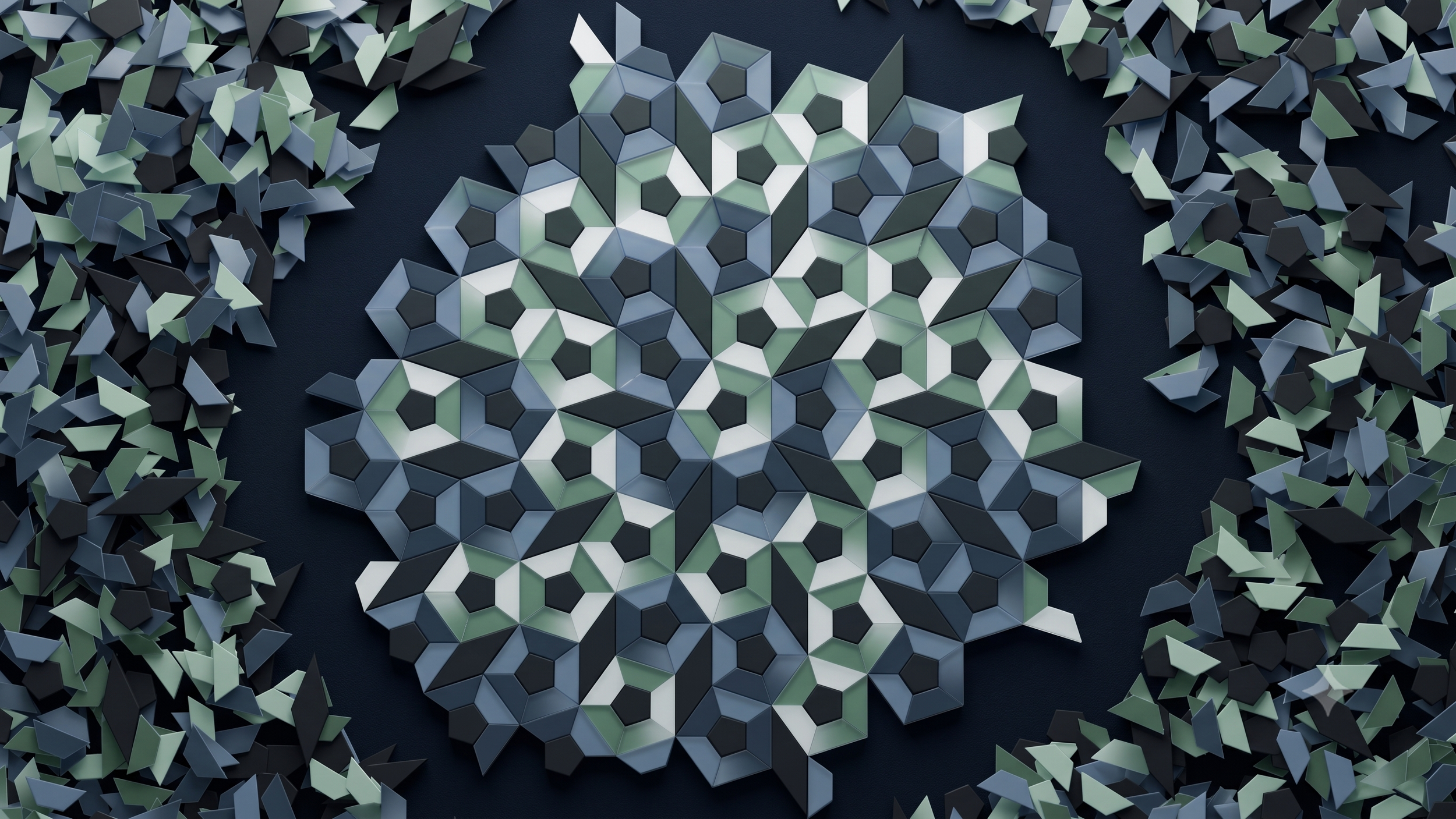 A mosaic artwork made of small, multicolored geometric tiles arranged to form an abstract pattern, surrounded by scattered similar tiles.