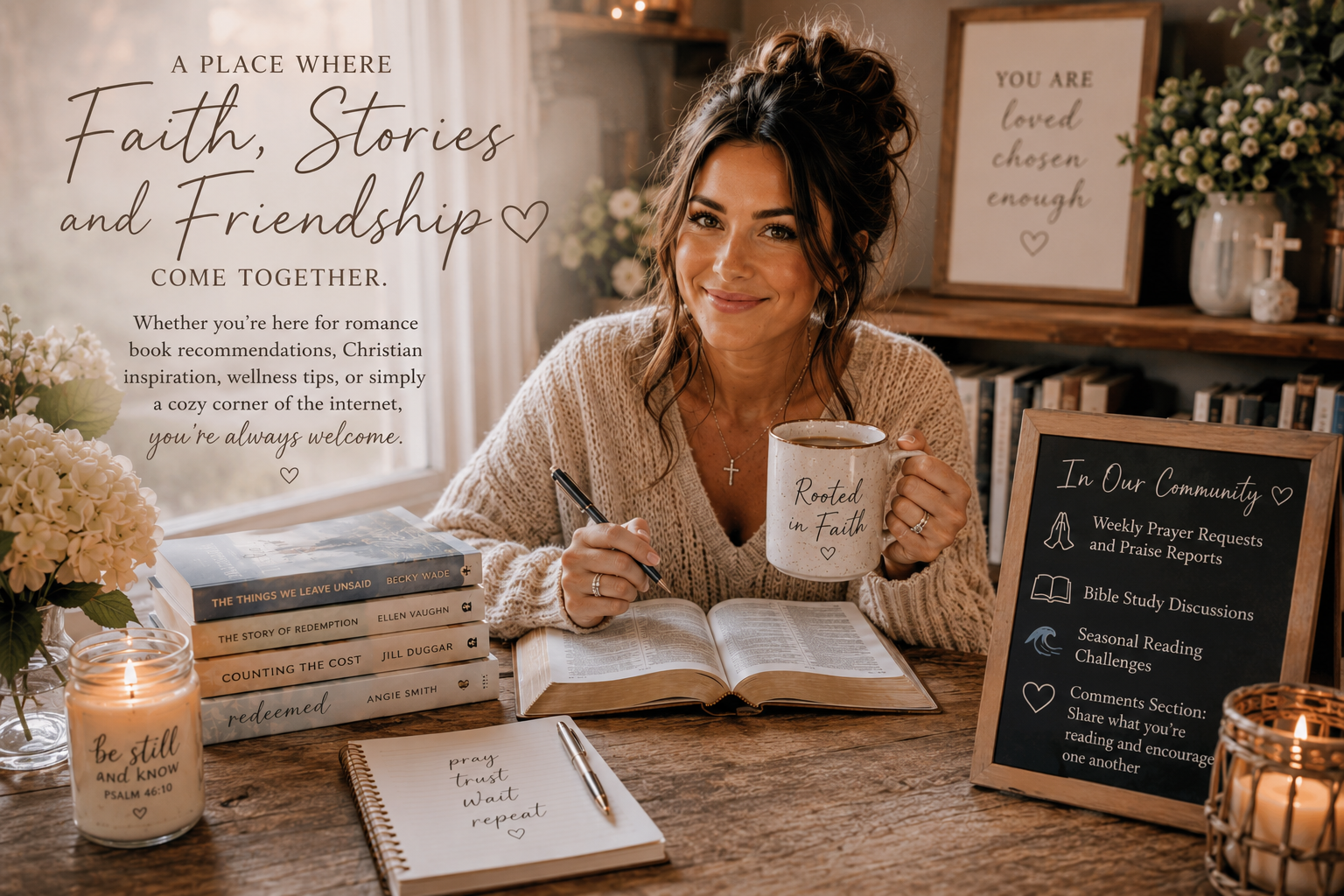A woman sitting at a wooden table holding a mug that says "Rooted in Faith," with an open Bible, a stack of faith-themed books, a candle, and a notepad with handwritten prayers, in a cozy, well-decorated room with inspirational signs, flowers, and candles.