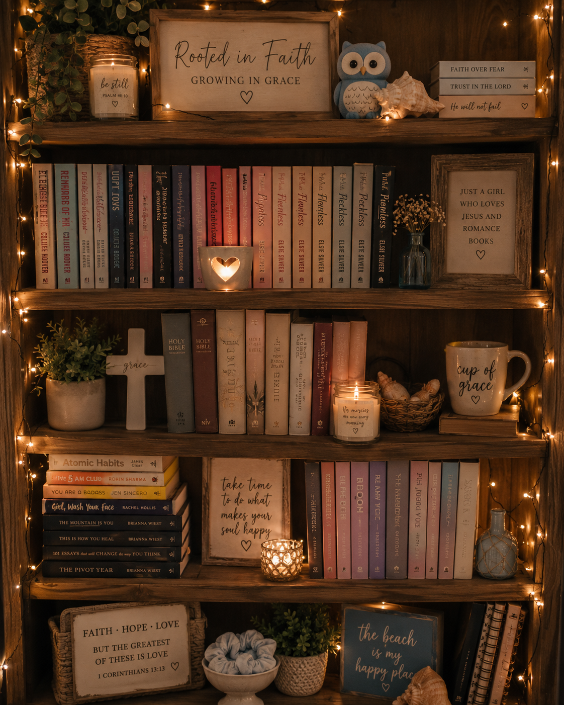 A bookshelf decorated with warm string lights, faith-based and inspirational signs, a variety of books, candles, a small owl figurine, and flowers, creating a cozy and faith-inspired ambiance.