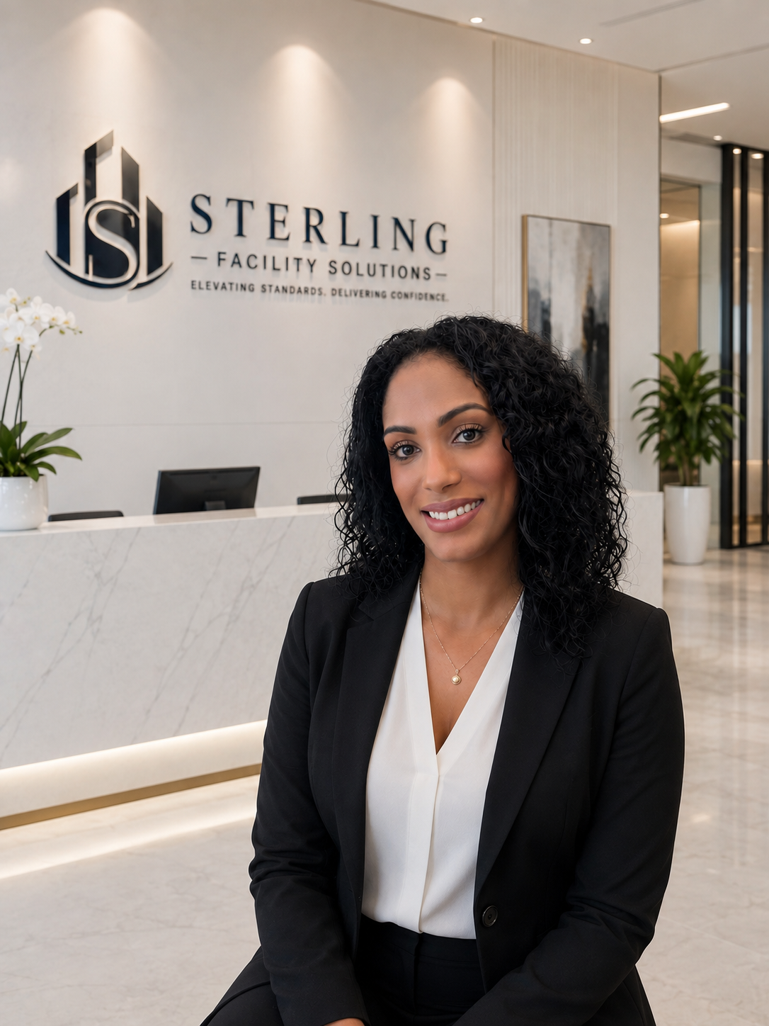 A beautiful smiling woman in business attire sitting in a modern office reception area with a sign for Sterling Facility Solutions behind her.